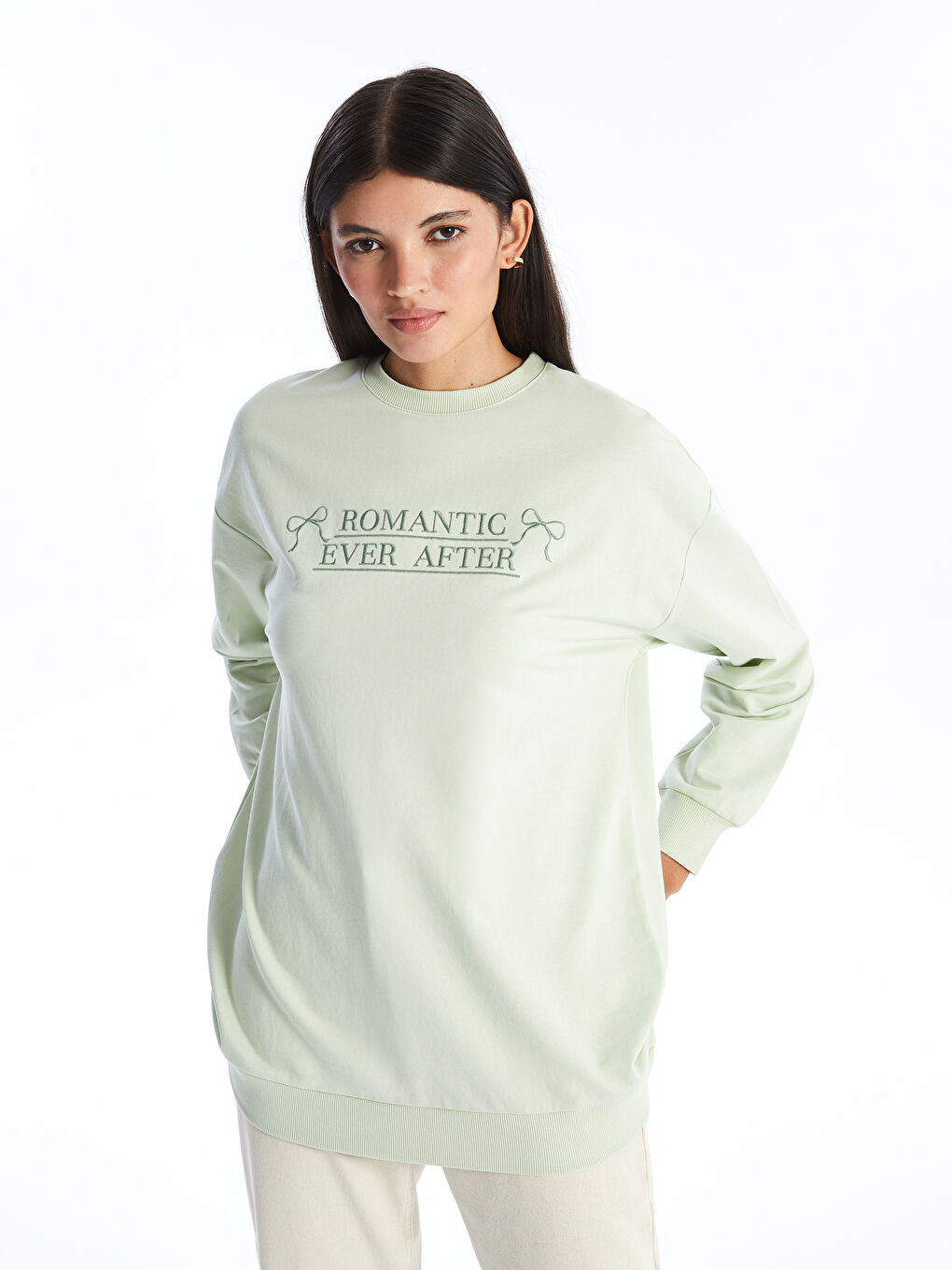 Yeşil Bisiklet Yaka Nakışlı Kadın Sweatshirt Tunik-1