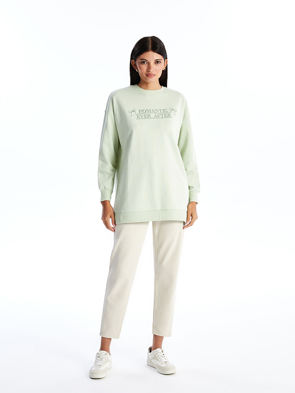 Yeşil Bisiklet Yaka Nakışlı Kadın Sweatshirt Tunik-2