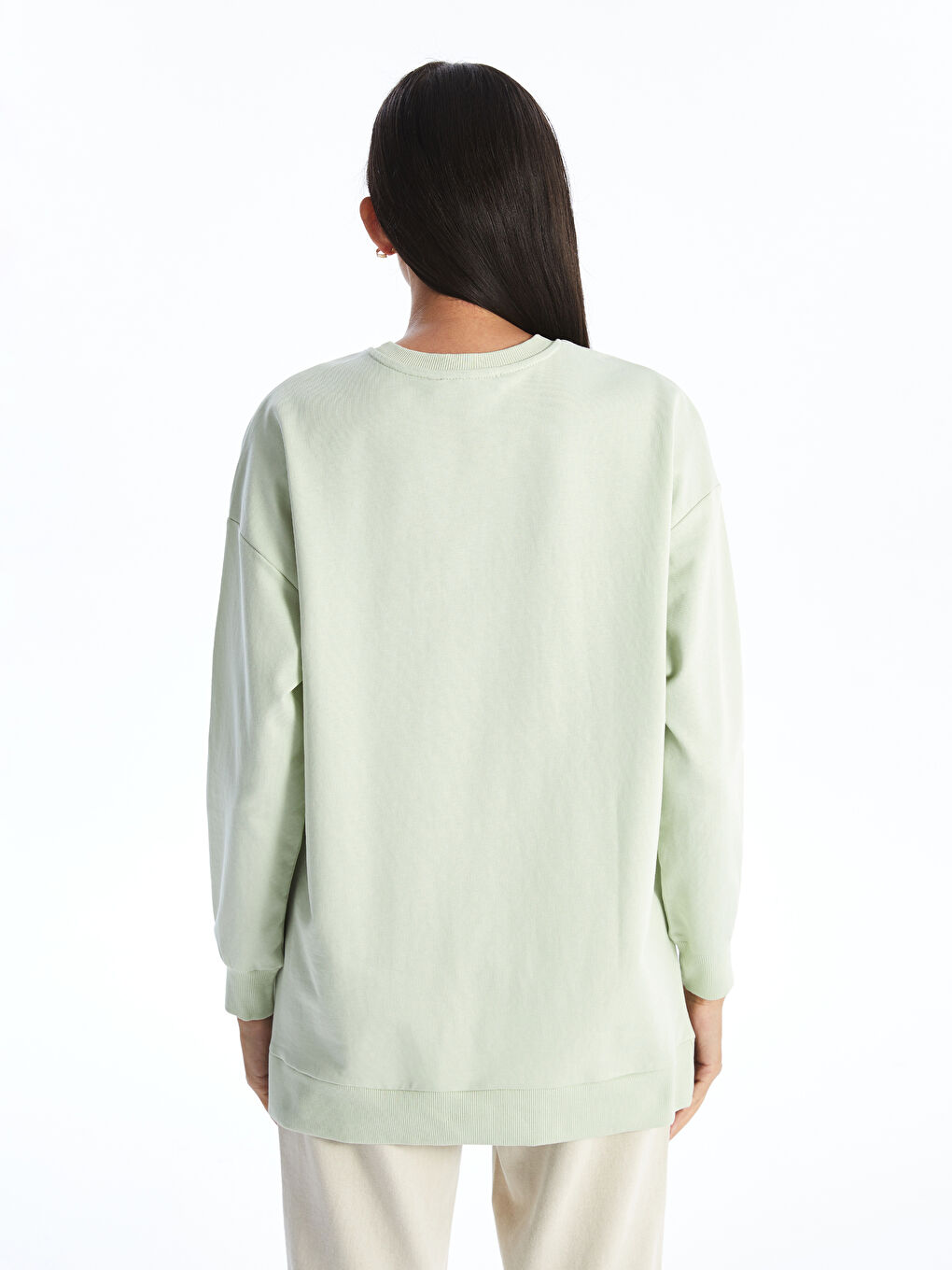 Yeşil Bisiklet Yaka Nakışlı Kadın Sweatshirt Tunik-4