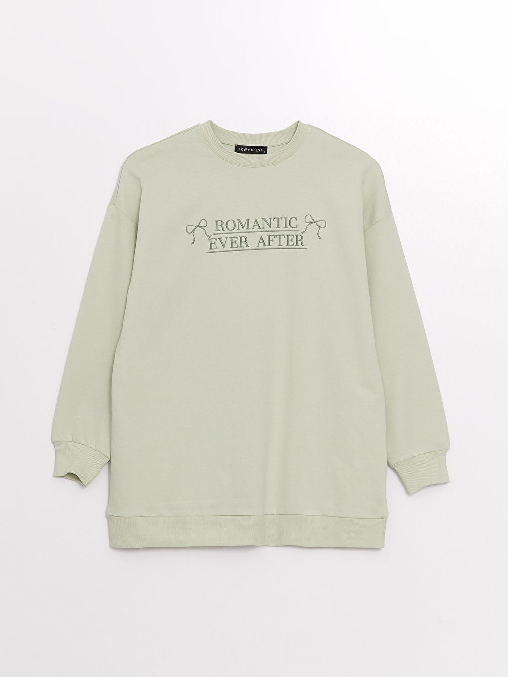 Yeşil Bisiklet Yaka Nakışlı Kadın Sweatshirt Tunik-5