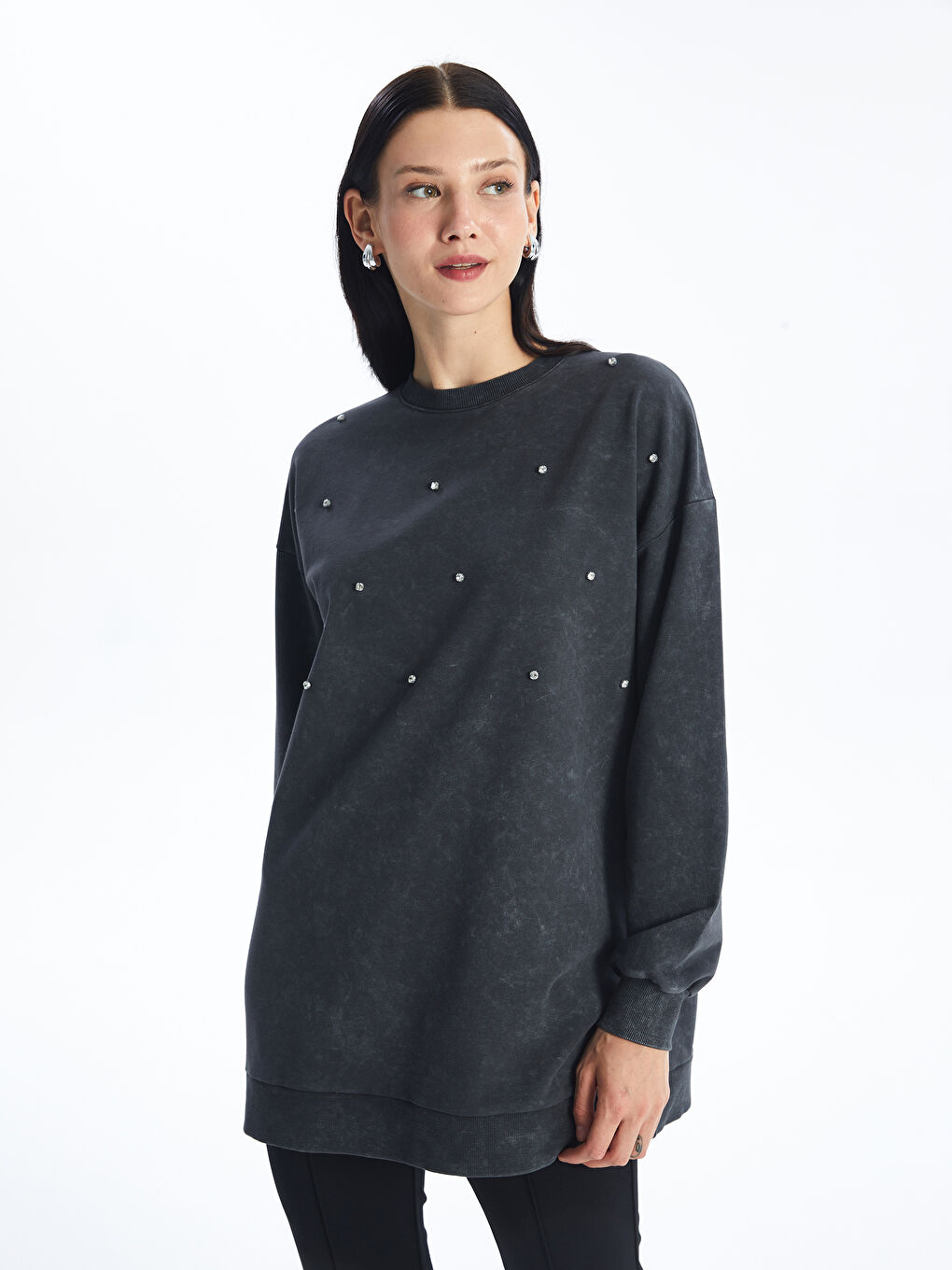 Crew Neck Stone Detail Women’S Sweatshirt Tunic -S4LP92Z8-HLC