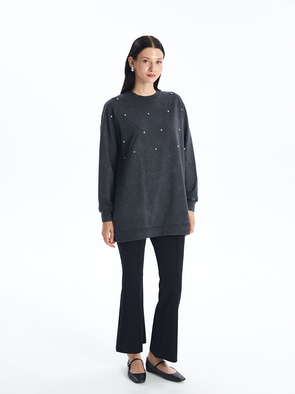 Crew Neck Stone Detail Women’S Sweatshirt Tunic -S4LP92Z8-HLC