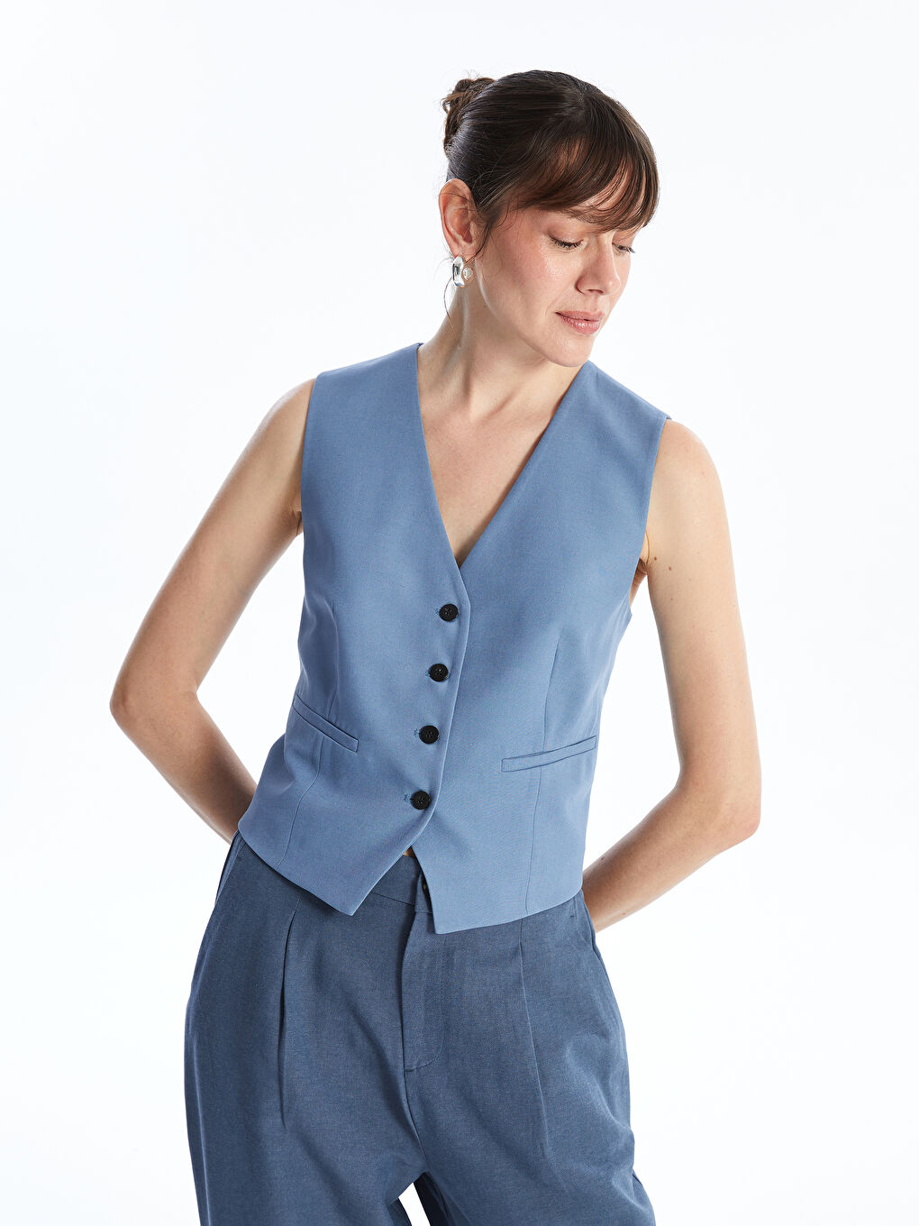 V-Neck Plain Linen Blend Women's Classic Vest -S4LQ69Z8-KZZ