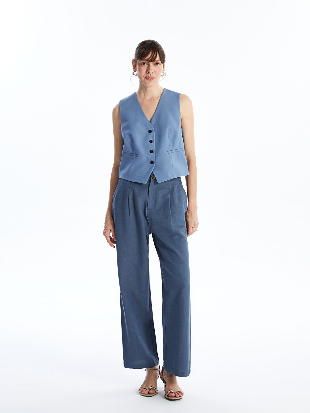 V-Neck Plain Linen Blend Women's Classic Vest -S4LQ69Z8-KZZ
