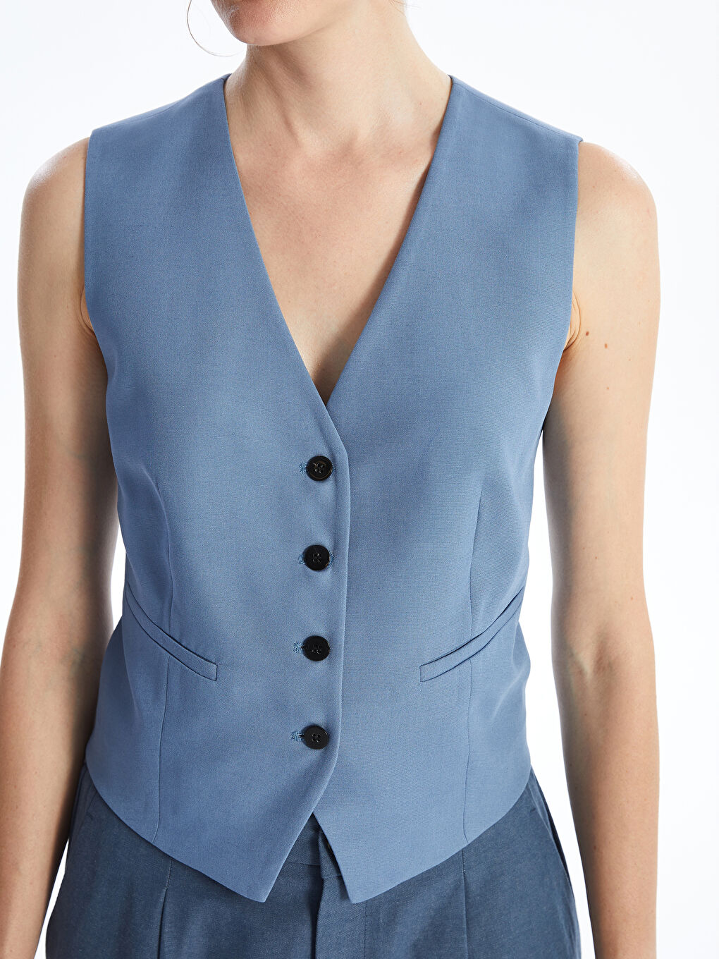 V-Neck Plain Linen Blend Women's Classic Vest -S4LQ69Z8-KZZ