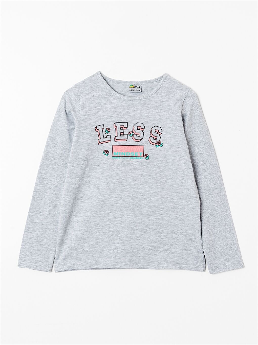 Gri Bisiklet Yaka Baskılı Kız Çocuk Tişört