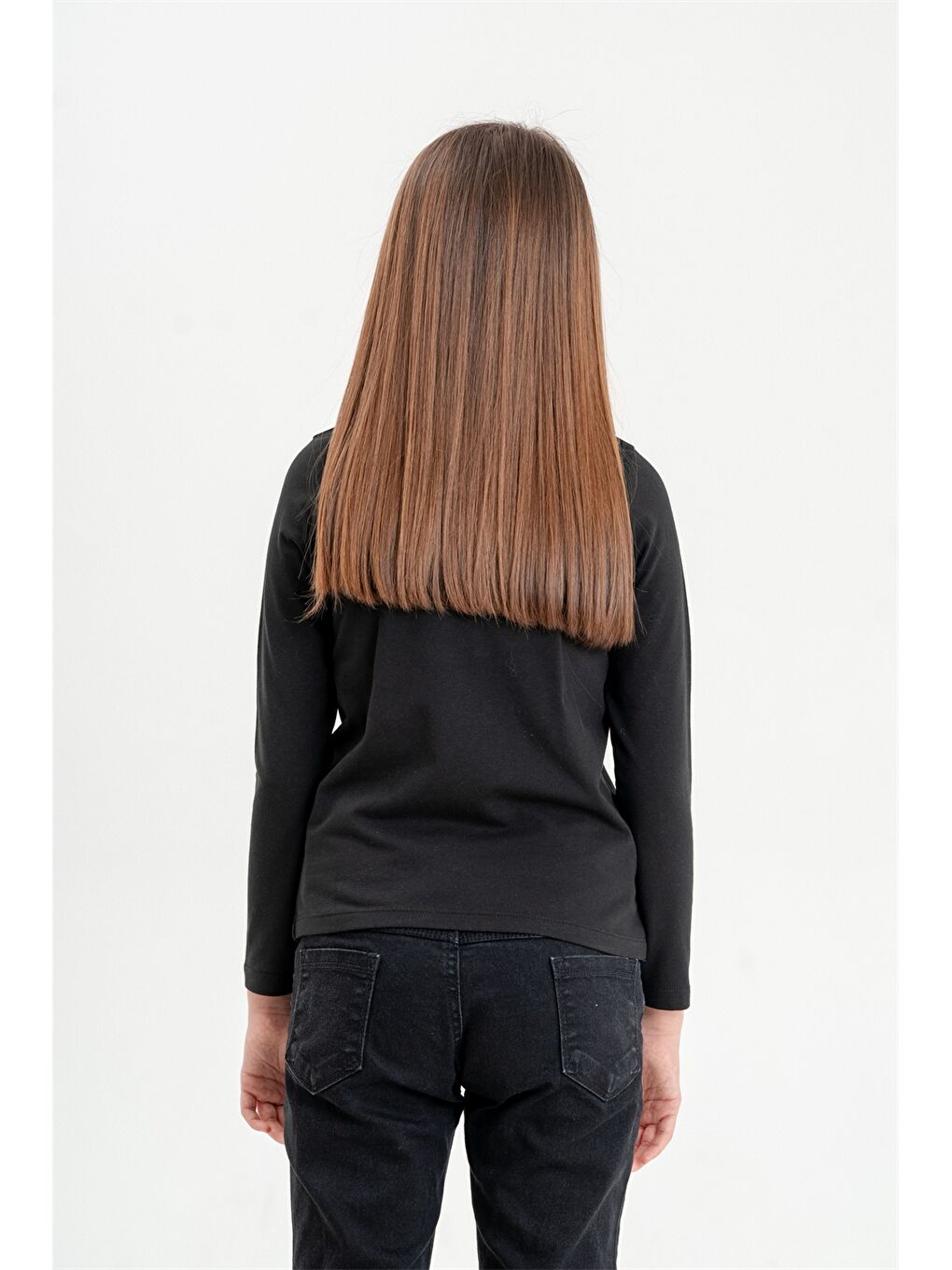 Siyah Bisiklet Yaka Baskılı Kız Çocuk Tişört-2