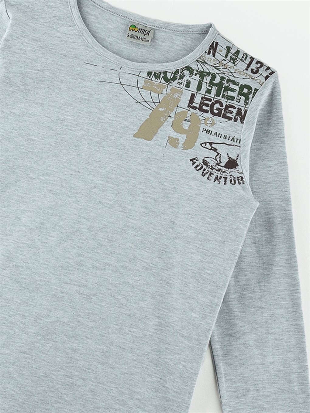 Gri Bisiklet Yaka Baskılı Uzun Kollu Erkek Çocuk Tişört-1