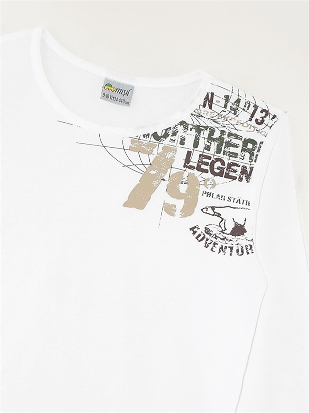 Ekru Bisiklet Yaka Baskılı Uzun Kollu Erkek Çocuk Tişört-1