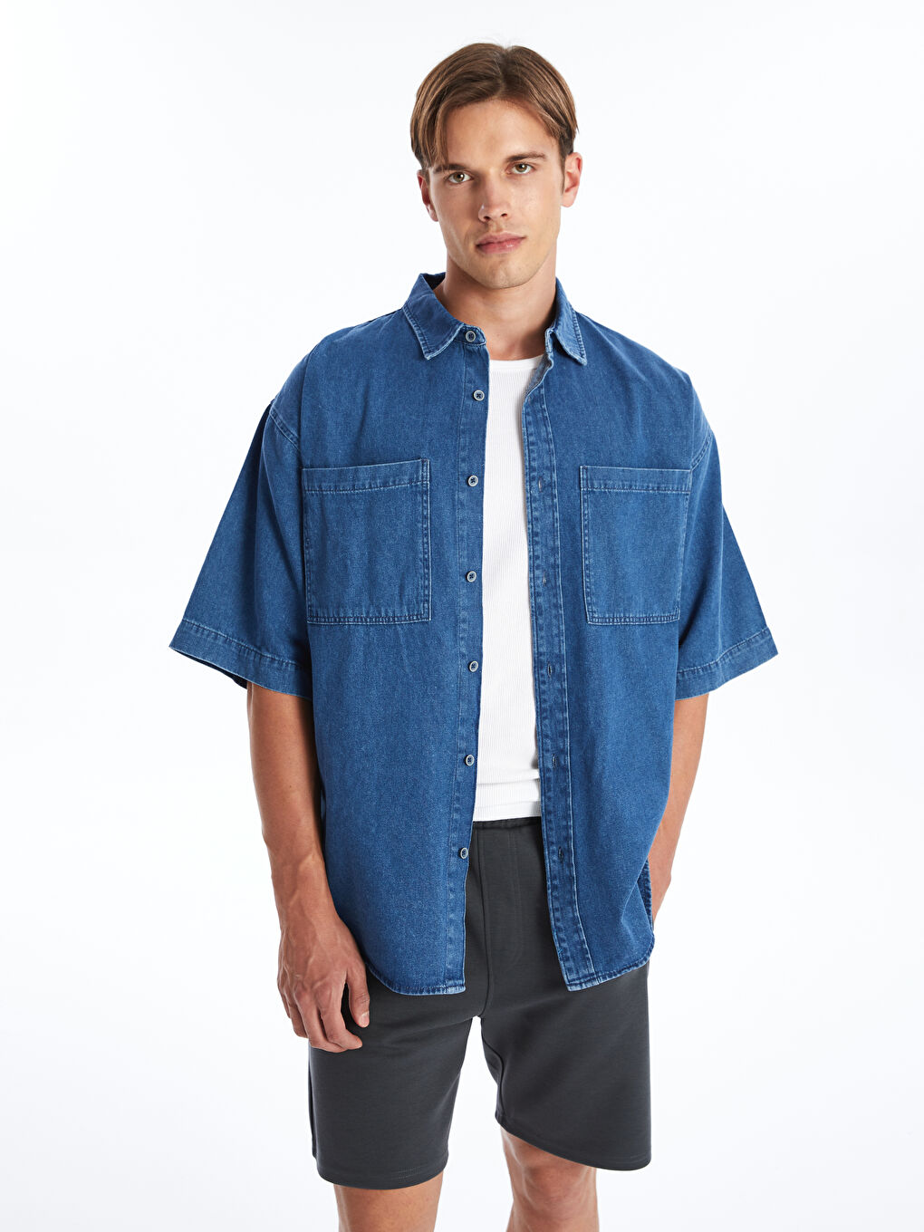 Comfortable Fit Short Sleeve Men's Jean Shirt -S4LS30Z8-H45
