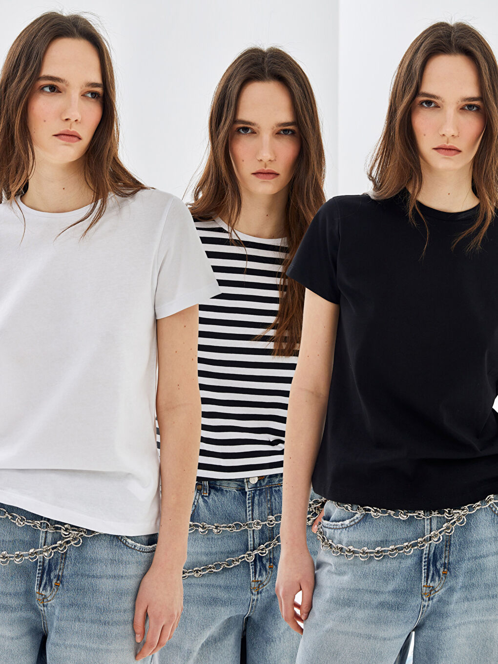 Siyah Bisiklet Yaka Çizgili Kısa Kollu Kadın Tişört 3'lü