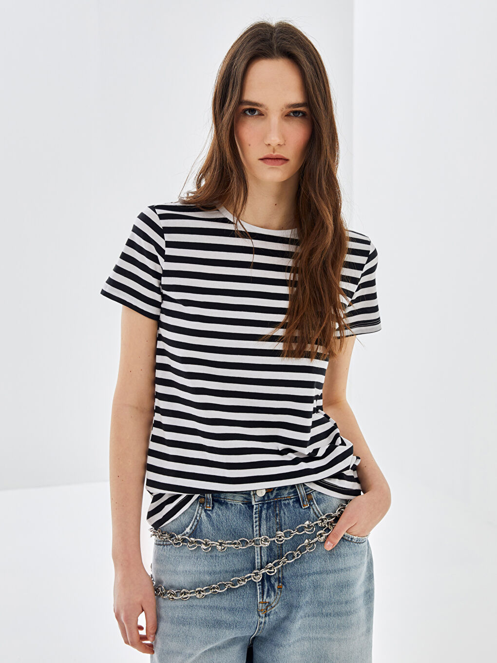 Siyah Bisiklet Yaka Çizgili Kısa Kollu Kadın Tişört 3'lü-1