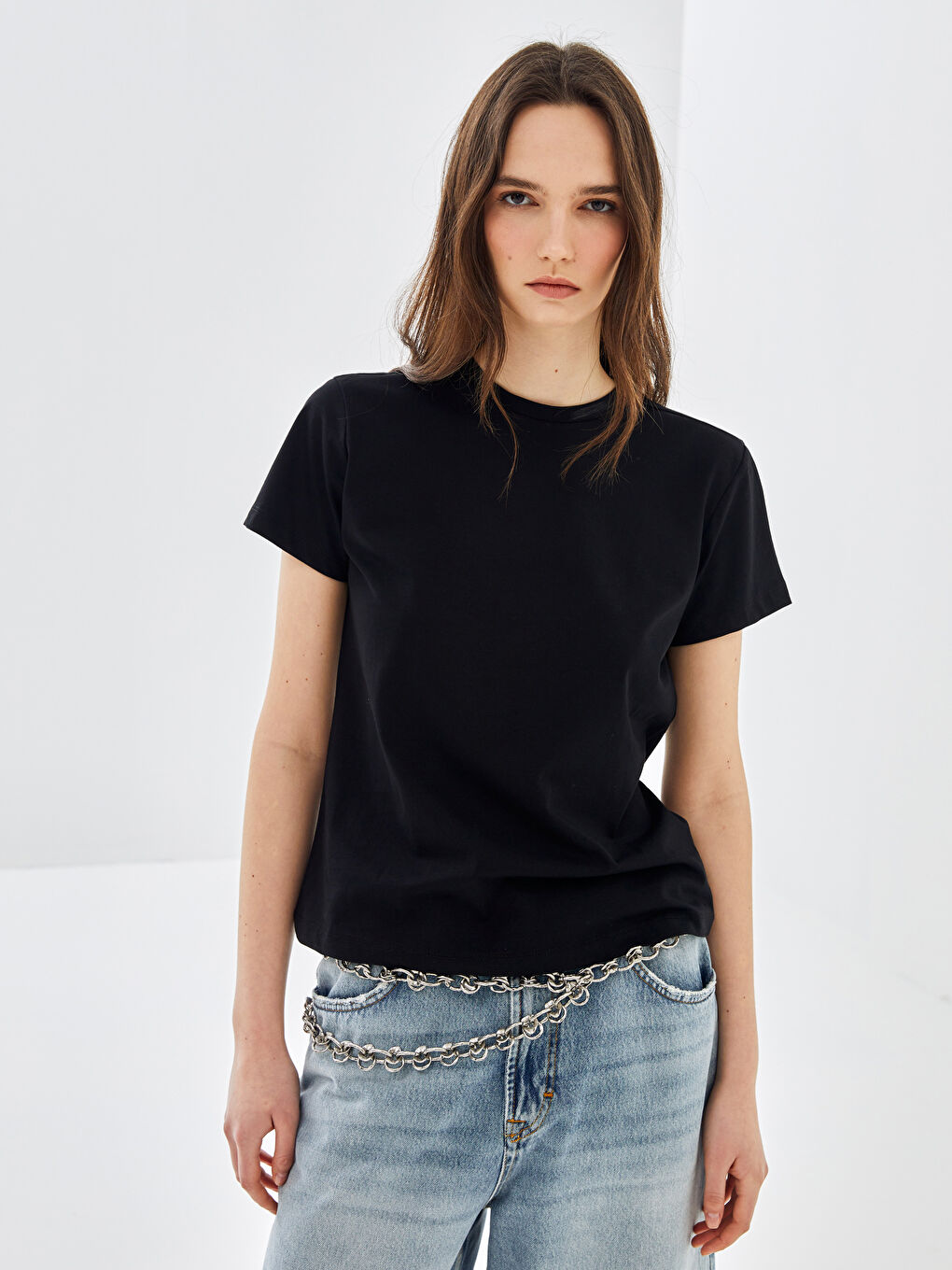 Siyah Bisiklet Yaka Çizgili Kısa Kollu Kadın Tişört 3'lü-4