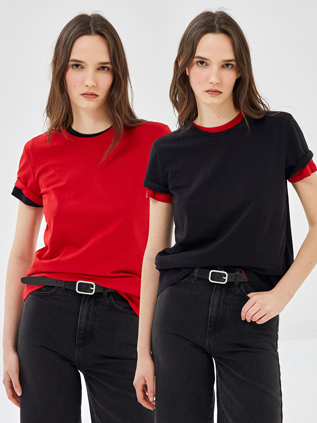 Karışık Bisiklet Yaka Düz Kısa Kollu Kadın Tişört 2'li