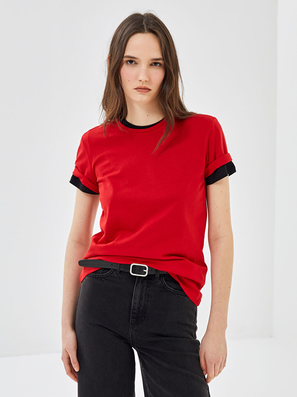 Karışık Bisiklet Yaka Düz Kısa Kollu Kadın Tişört 2'li-1