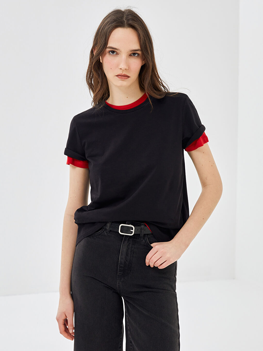 Karışık Bisiklet Yaka Düz Kısa Kollu Kadın Tişört 2'li-2