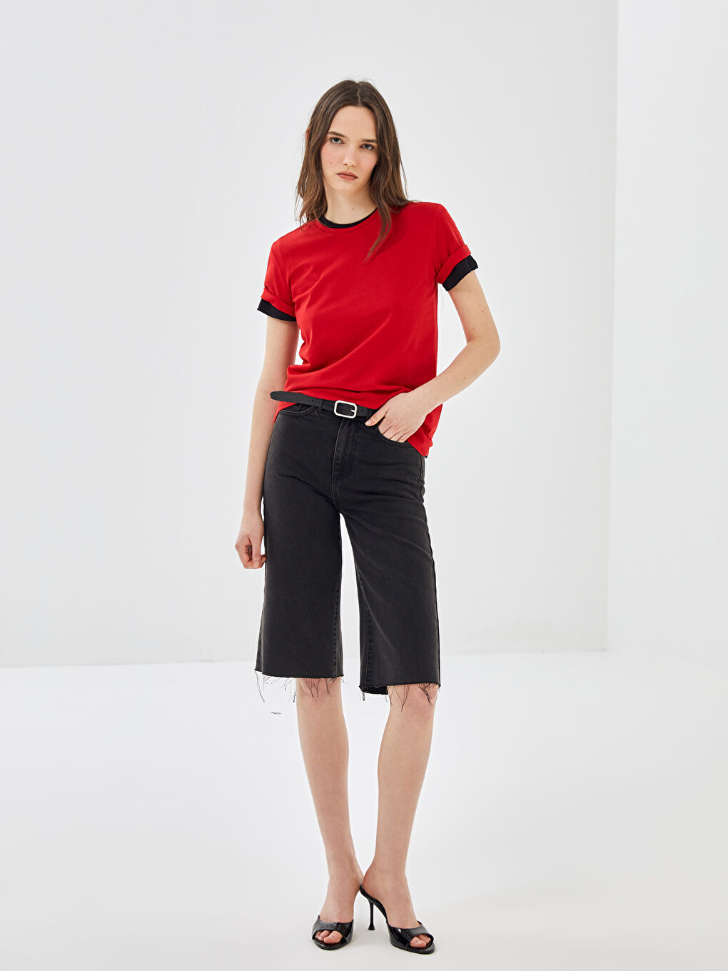 Karışık Bisiklet Yaka Düz Kısa Kollu Kadın Tişört 2'li-3