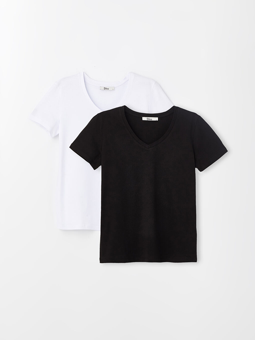 Siyah V Yaka Düz Kısa Kollu Kadın Tişört 2'li-9