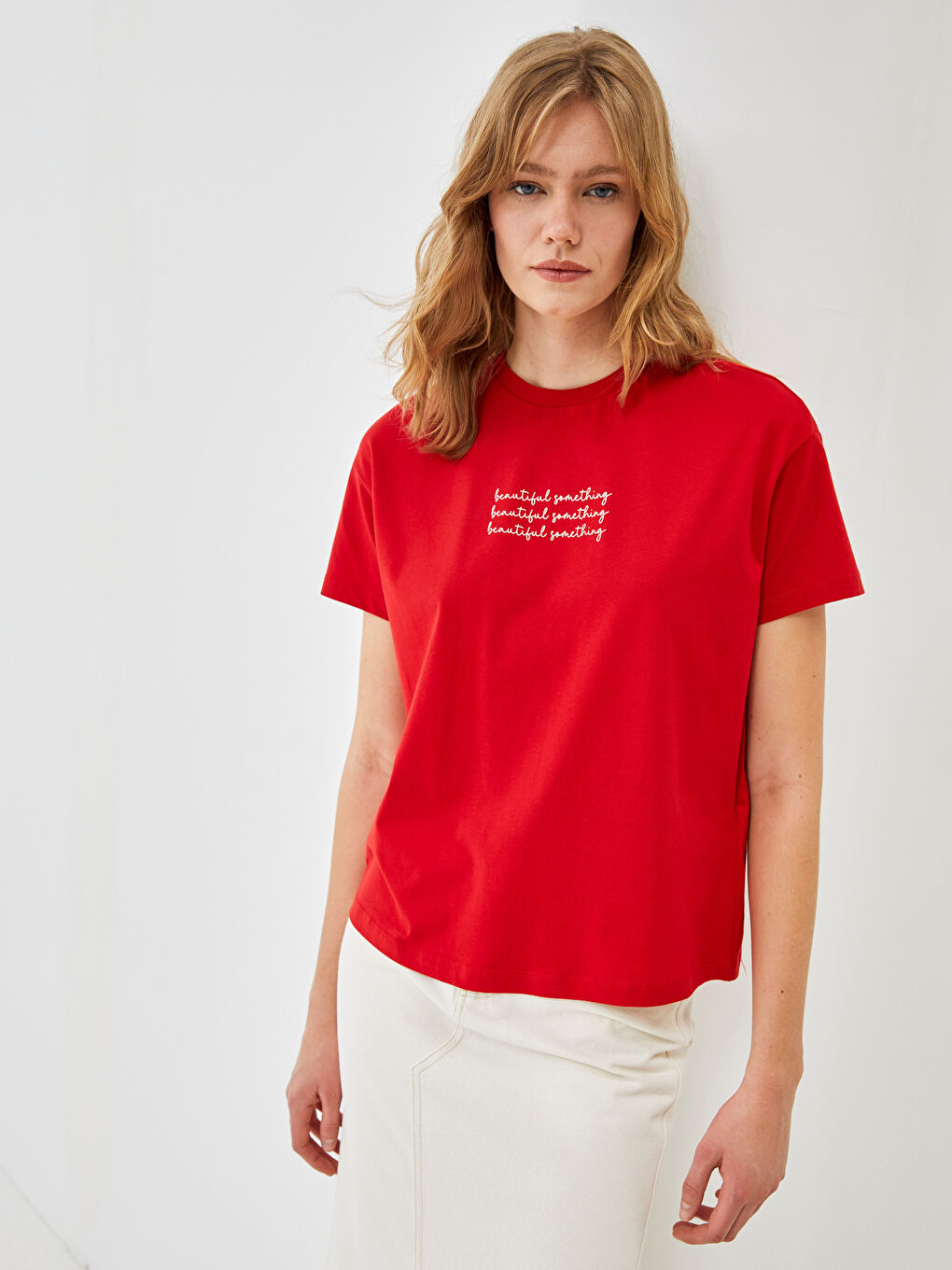 Kırmızı Bisiklet Yaka Baskılı Kısa Kollu Oversize Kadın Tişört-1