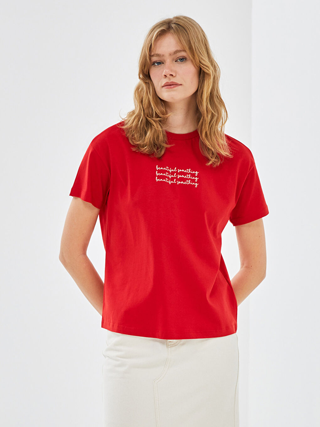 Kırmızı Bisiklet Yaka Baskılı Kısa Kollu Oversize Kadın Tişört-2