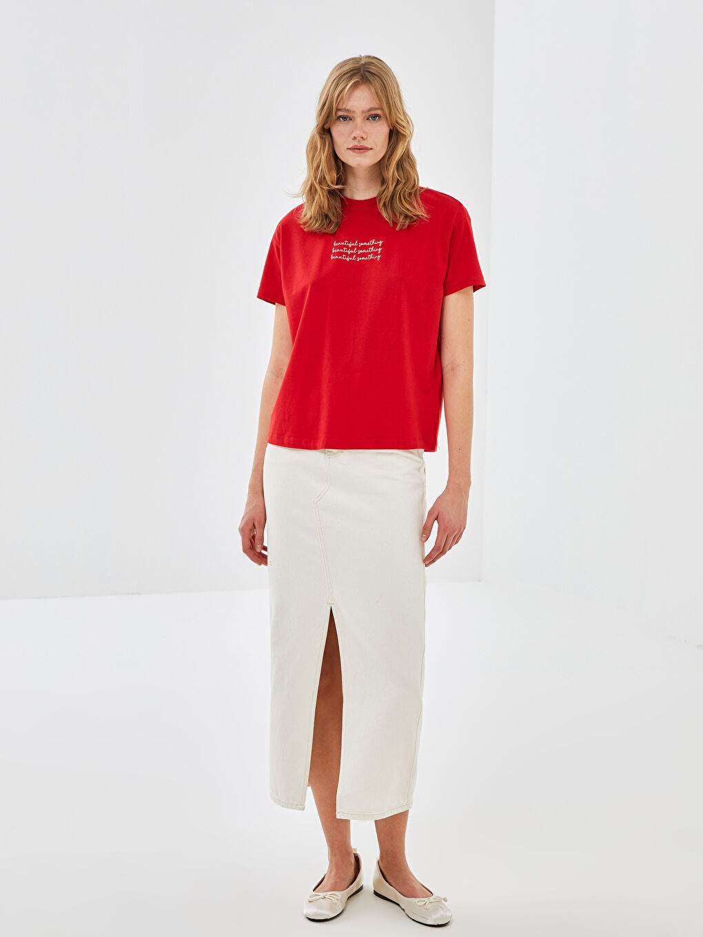 Kırmızı Bisiklet Yaka Baskılı Kısa Kollu Oversize Kadın Tişört-3