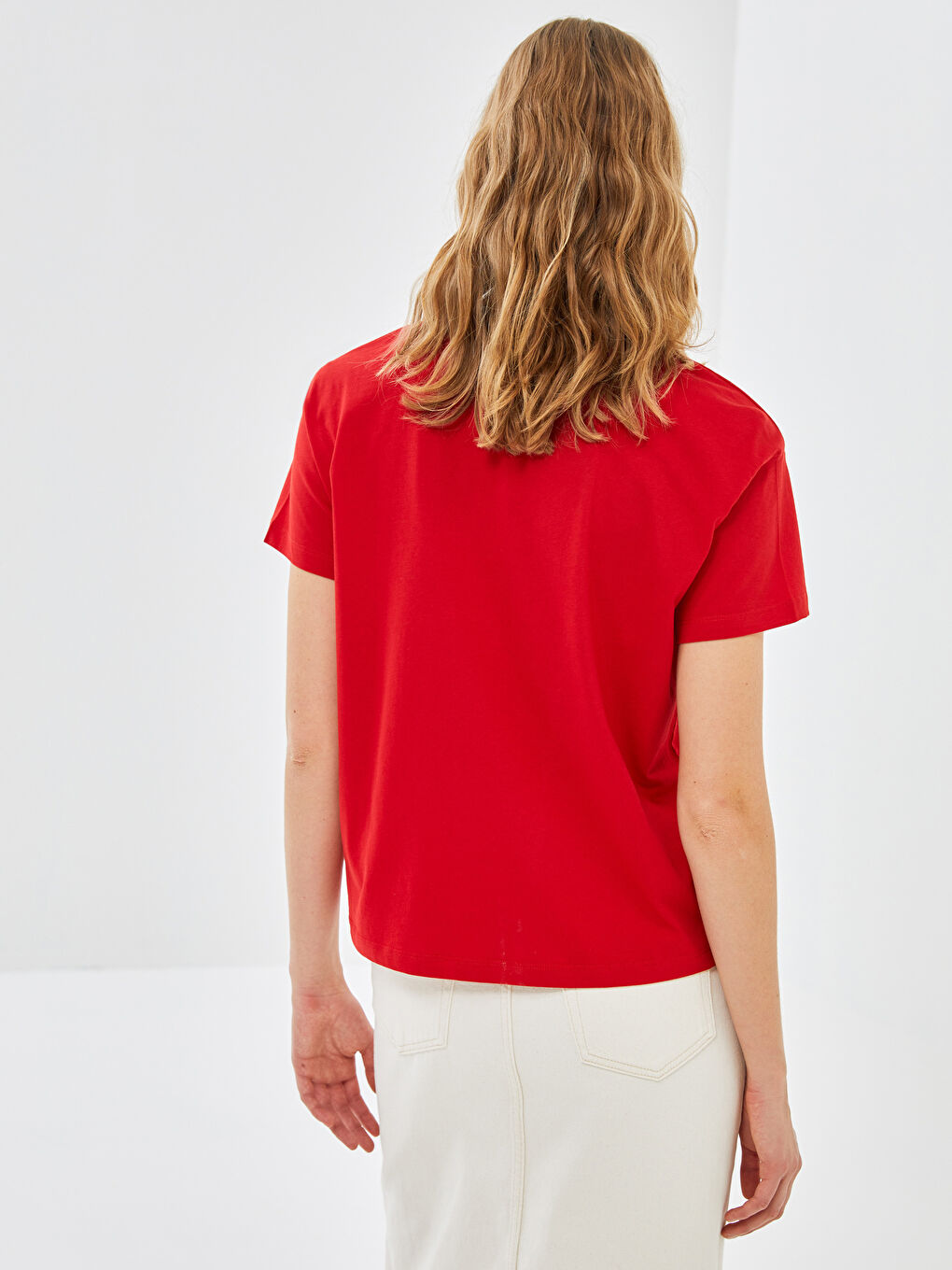 Kırmızı Bisiklet Yaka Baskılı Kısa Kollu Oversize Kadın Tişört-5