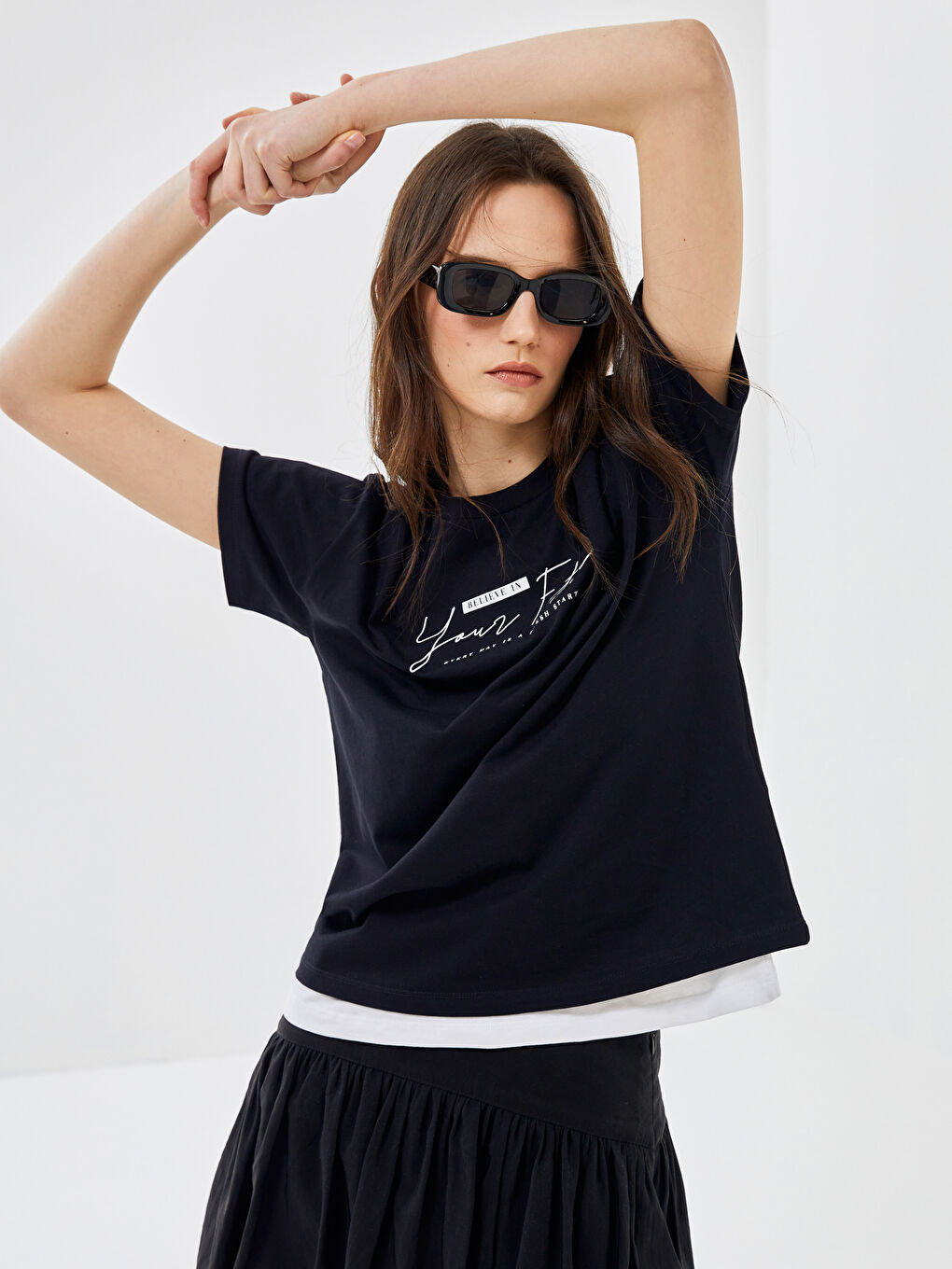 Lacivert Bisiklet Yaka Baskılı Kısa Kollu Oversize Kadın Tişört