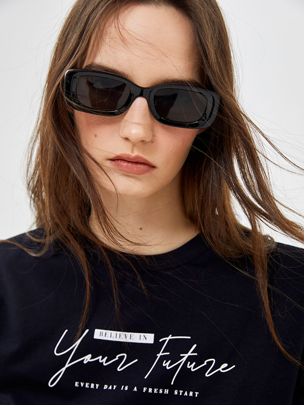 Lacivert Bisiklet Yaka Baskılı Kısa Kollu Oversize Kadın Tişört-1