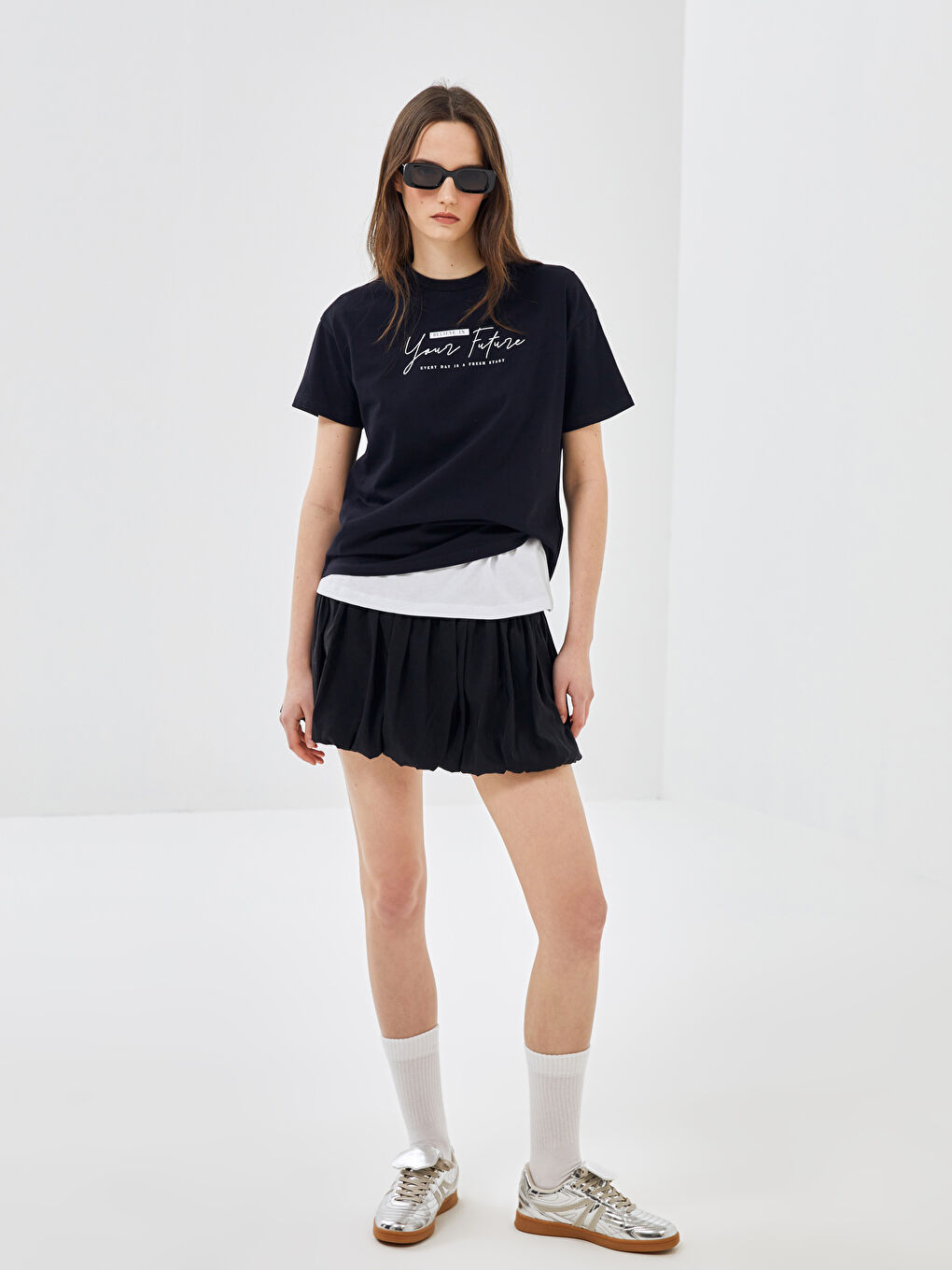 Lacivert Bisiklet Yaka Baskılı Kısa Kollu Oversize Kadın Tişört-2