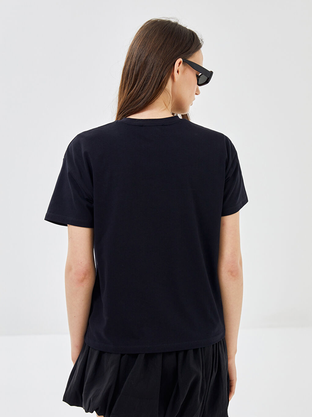 Lacivert Bisiklet Yaka Baskılı Kısa Kollu Oversize Kadın Tişört-3