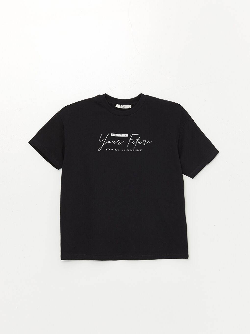 Lacivert Bisiklet Yaka Baskılı Kısa Kollu Oversize Kadın Tişört-4