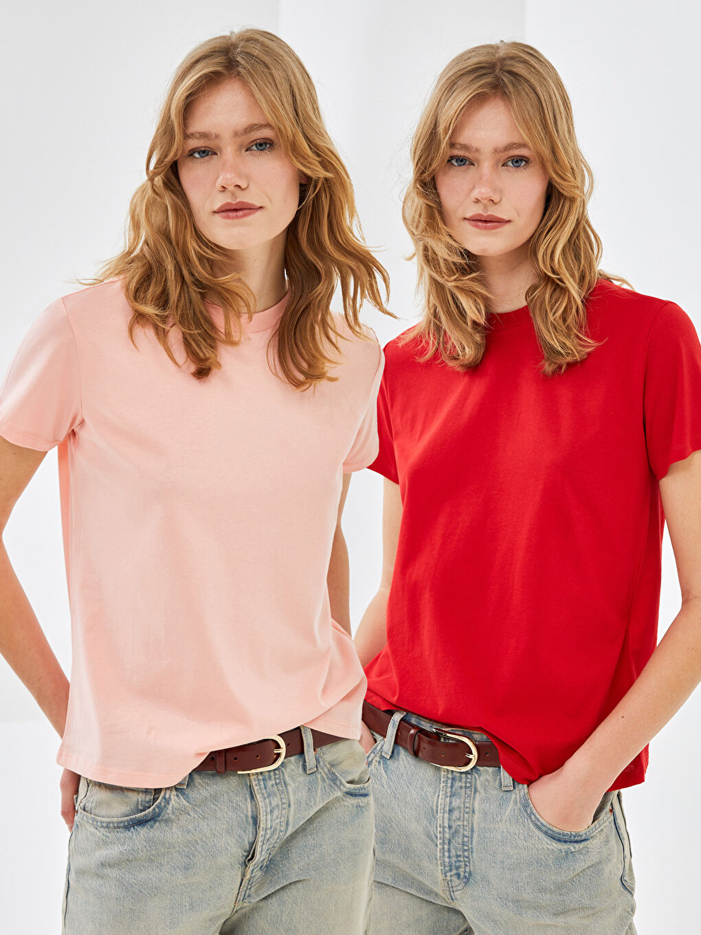 Karışık Bisiklet Yaka Düz Kısa Kollu Kadın Tişört 2'li