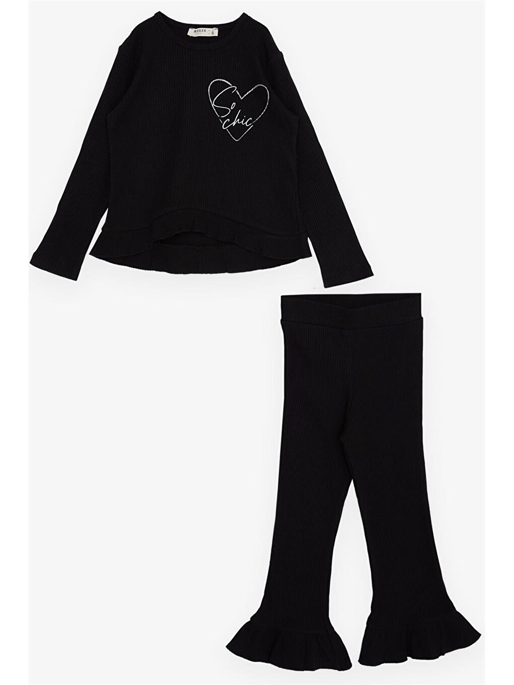 Siyah Bisiklet Yaka Baskılı Uzun Kollu Kız Çocuk Tişört ve Tayt