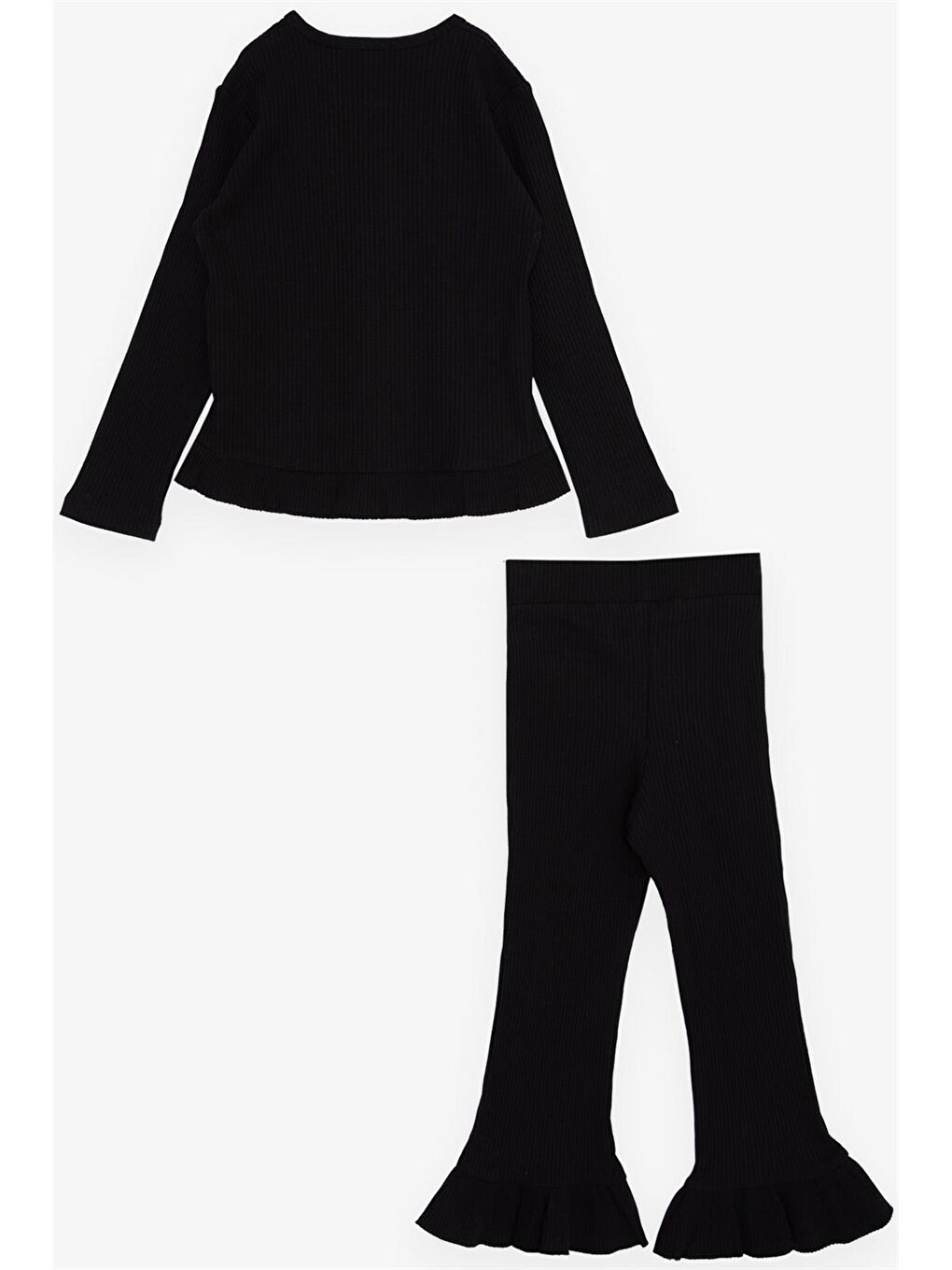 Siyah Bisiklet Yaka Baskılı Uzun Kollu Kız Çocuk Tişört ve Tayt-1