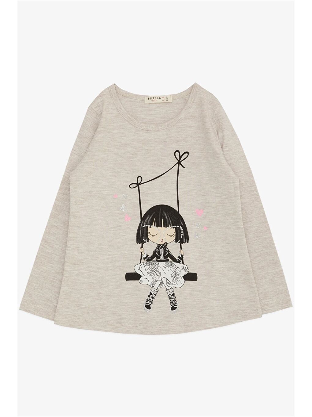 Bej Bisiklet Yaka Uzun Kollu Kız Bebek Tişört