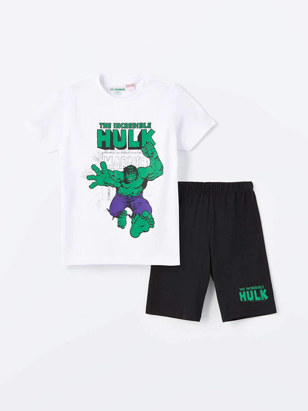 LCW Kids Buxe Beyazı Bisiklet Yaka Hulk Baskılı Kısa Kollu Erkek Çocuk Şortlu Pijama Takımı