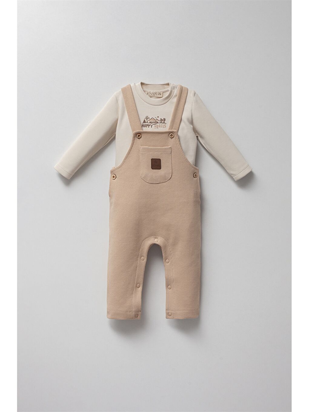 Bej Bisiklet Yaka Uzun Kollu Kız Bebek Tişört ve Salopet 2'li Takım