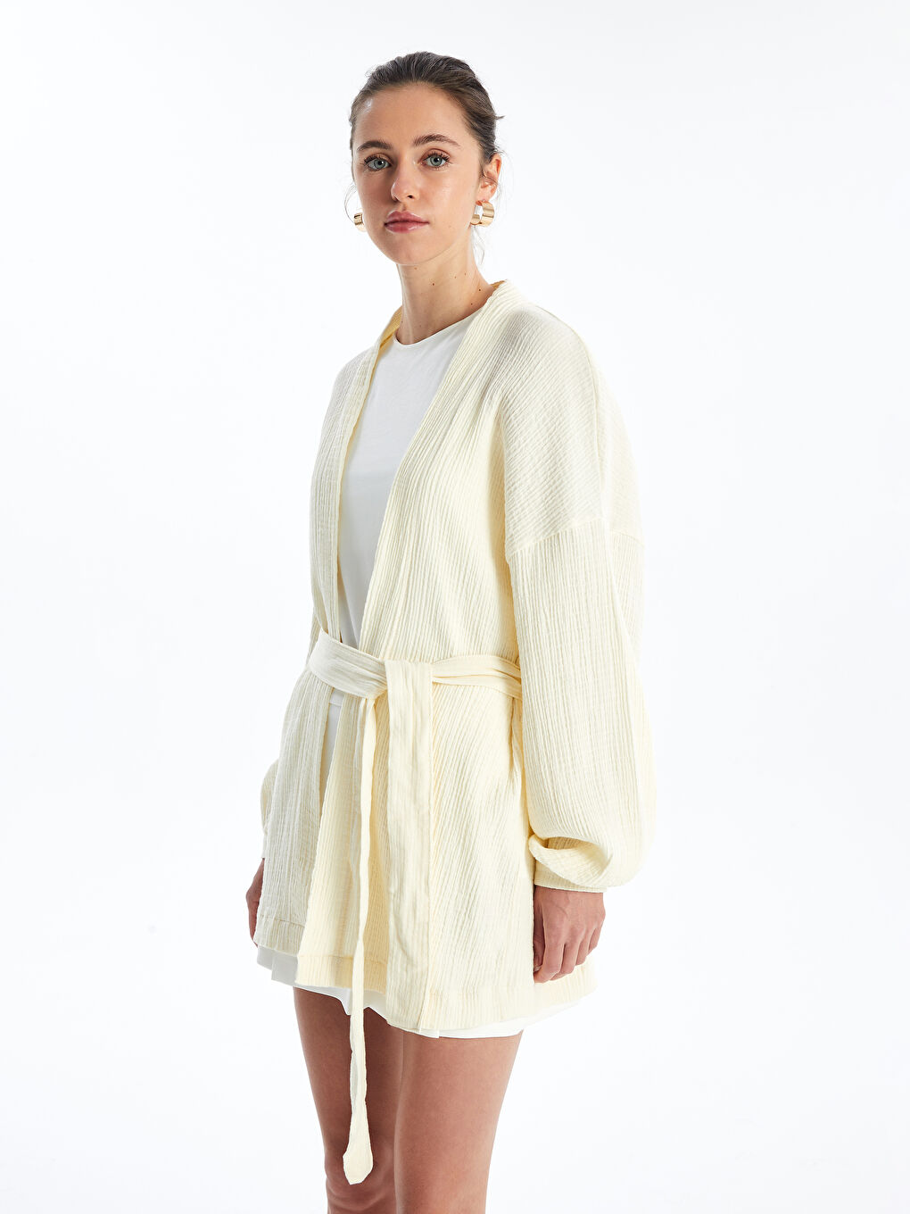 Bej Şal Yaka Düz Uzun Kollu Oversize Kadın Kimono