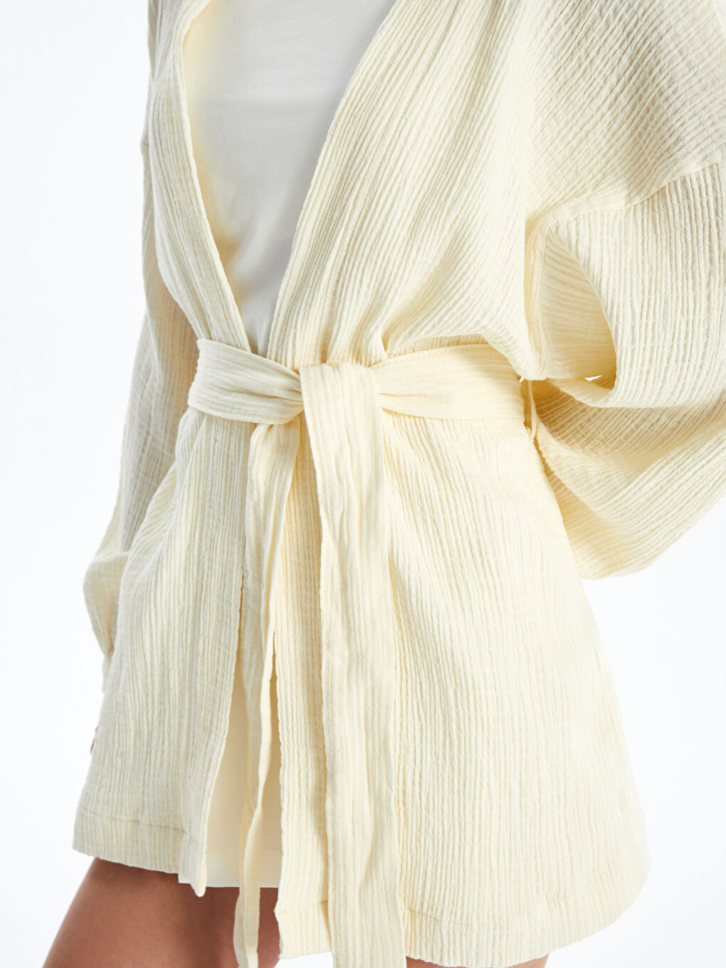 Bej Şal Yaka Düz Uzun Kollu Oversize Kadın Kimono-2