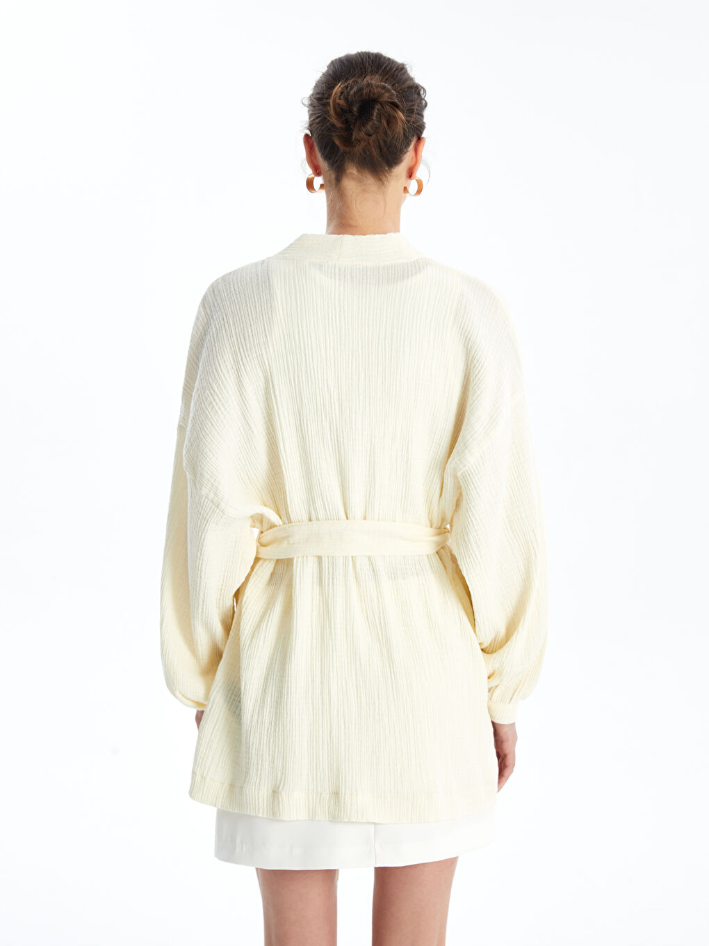 Bej Şal Yaka Düz Uzun Kollu Oversize Kadın Kimono-3