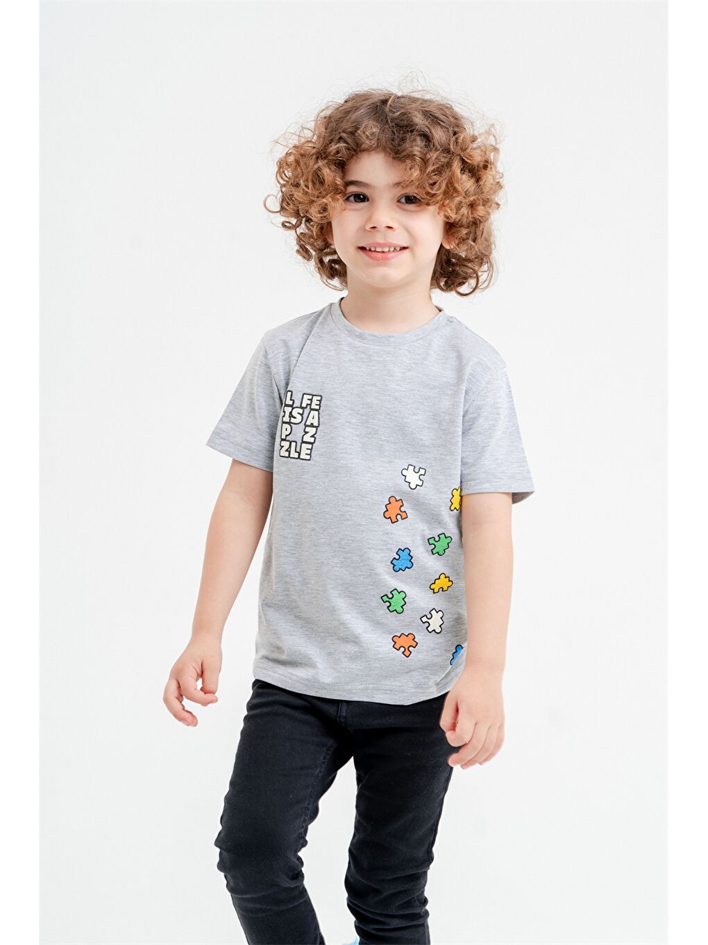 Gri Bisiklet Yaka Kısa Kollu Erkek Bebek Tişört-1