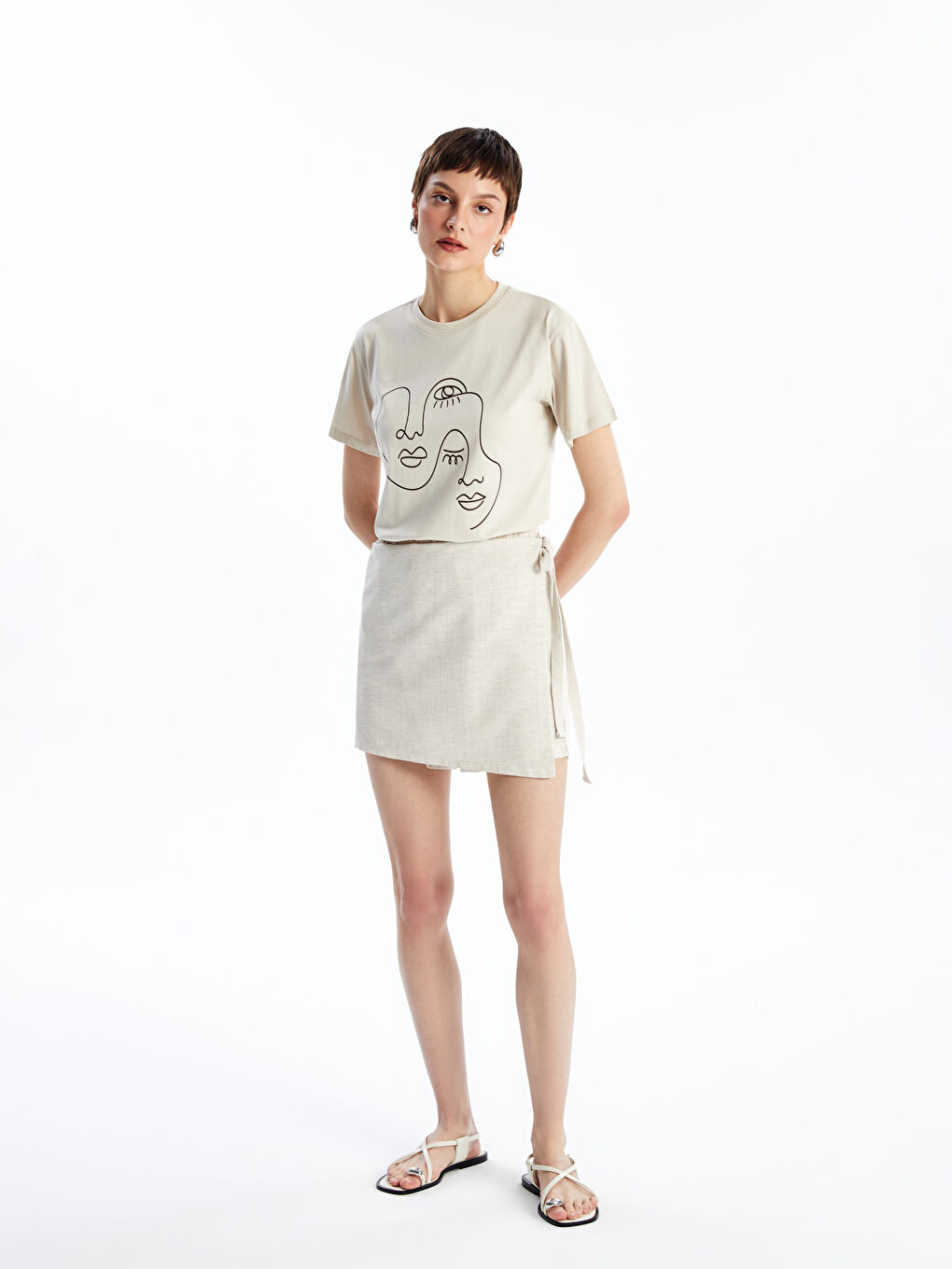 Bej Beli Lastikli Keten Kadın Şortlu Etek