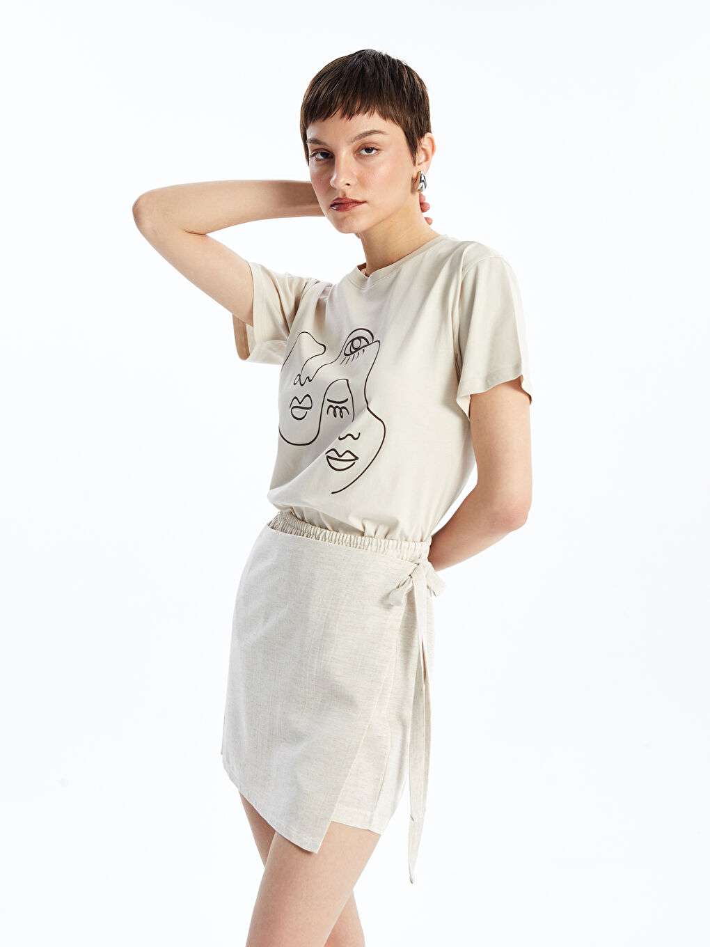 Bej Beli Lastikli Keten Kadın Şortlu Etek-1