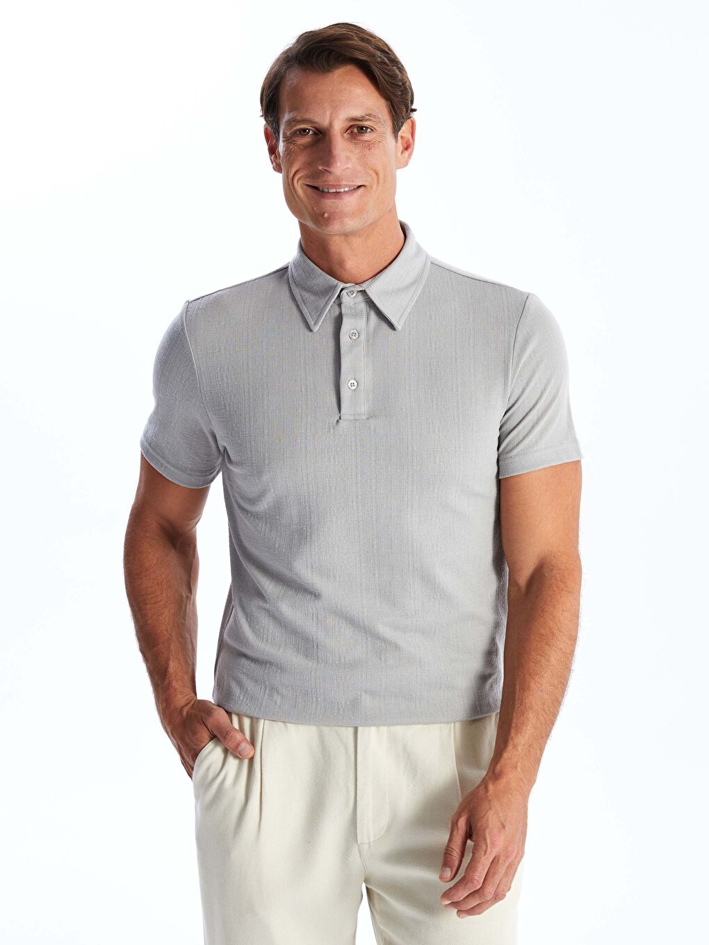 Gri Düğmeli Polo Yaka Kısa Kollu Erkek Tişört