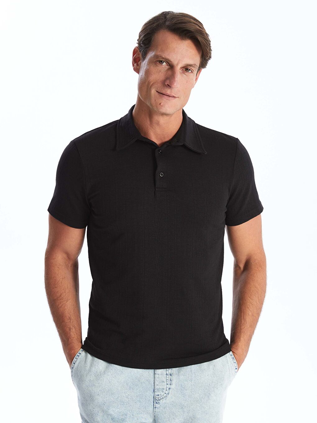 Siyah Düğmeli Polo Yaka Kısa Kollu Erkek Tişört