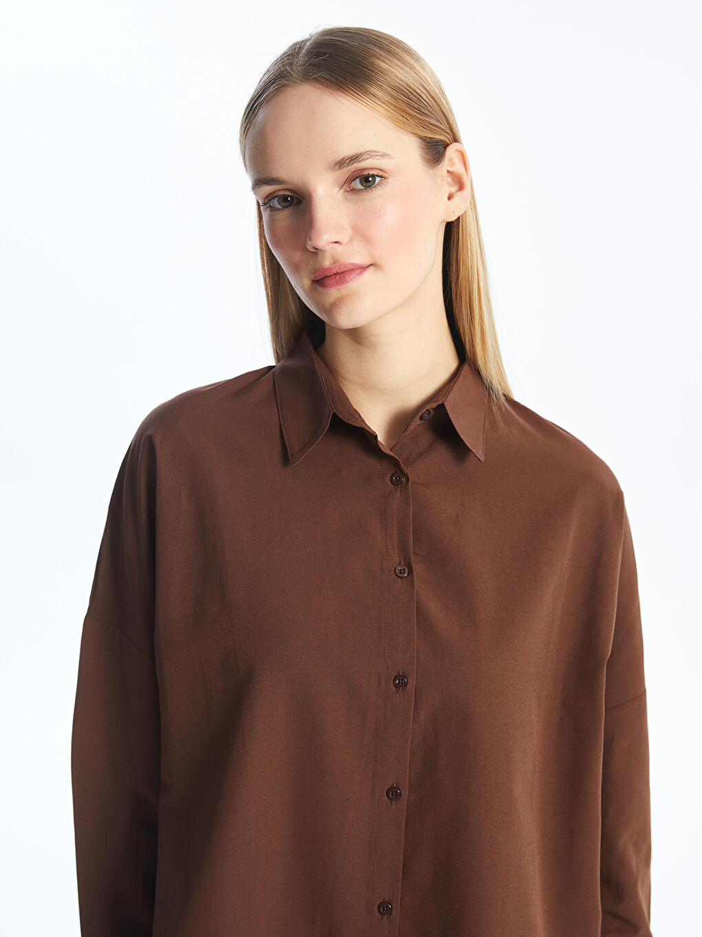 Kahverengi Düz Uzun Kollu Oversize Kadın Gömlek-1