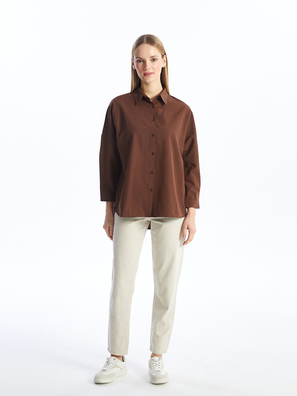 Kahverengi Düz Uzun Kollu Oversize Kadın Gömlek-2