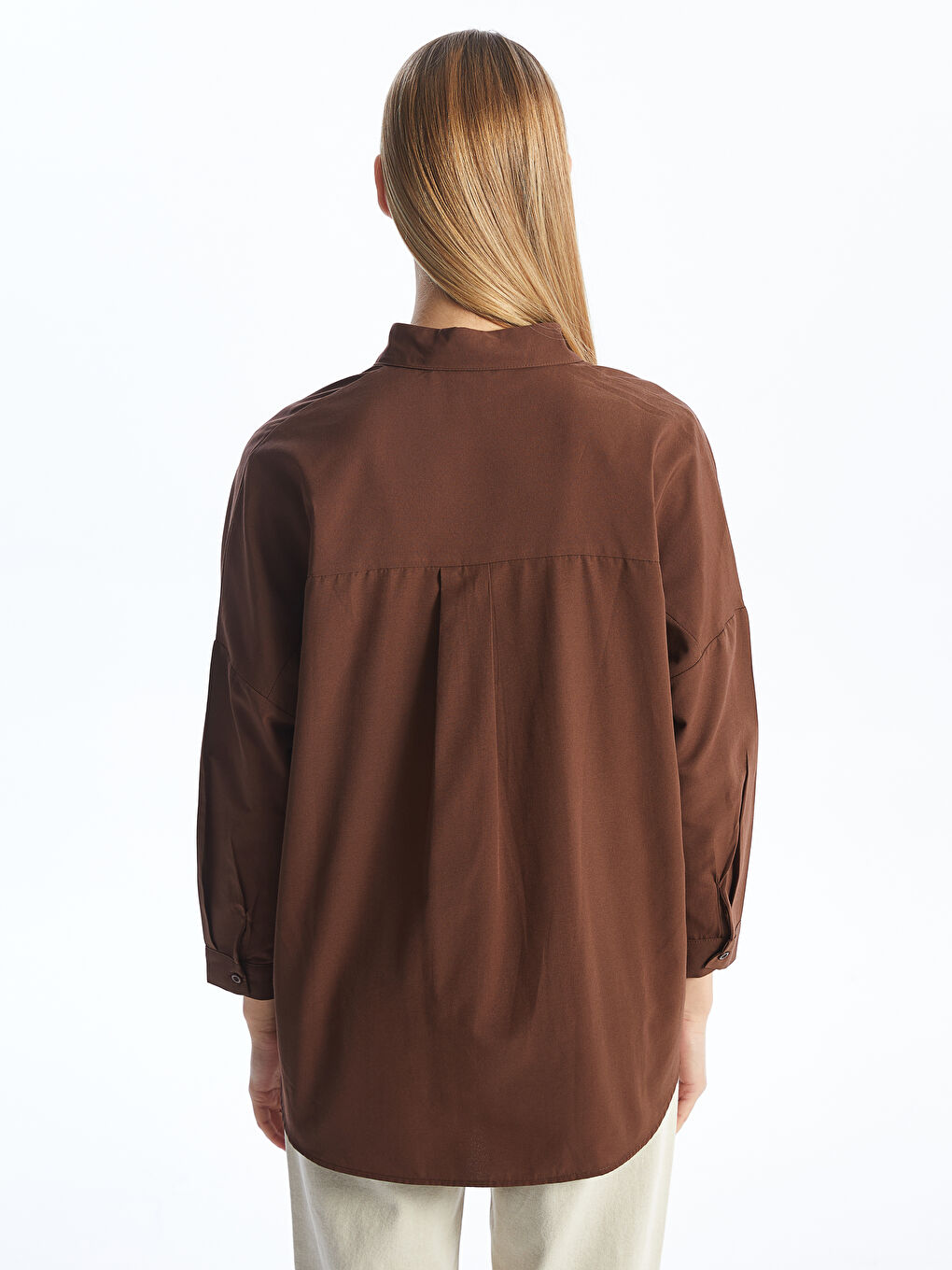 Kahverengi Düz Uzun Kollu Oversize Kadın Gömlek-4
