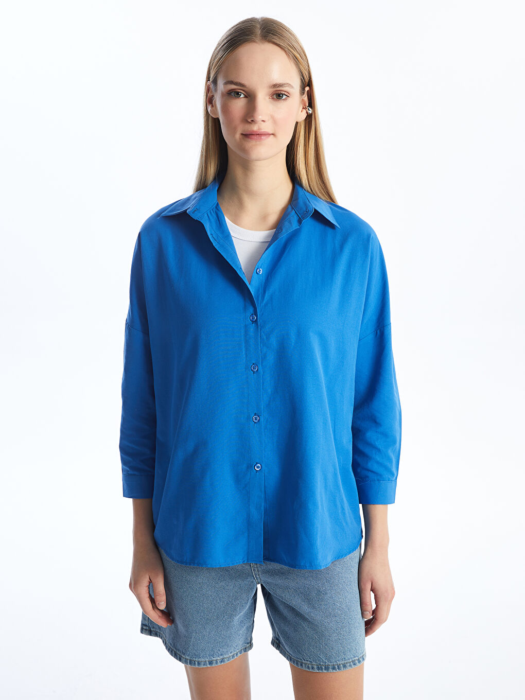 Mavi Düz Uzun Kollu Oversize Kadın Gömlek-1