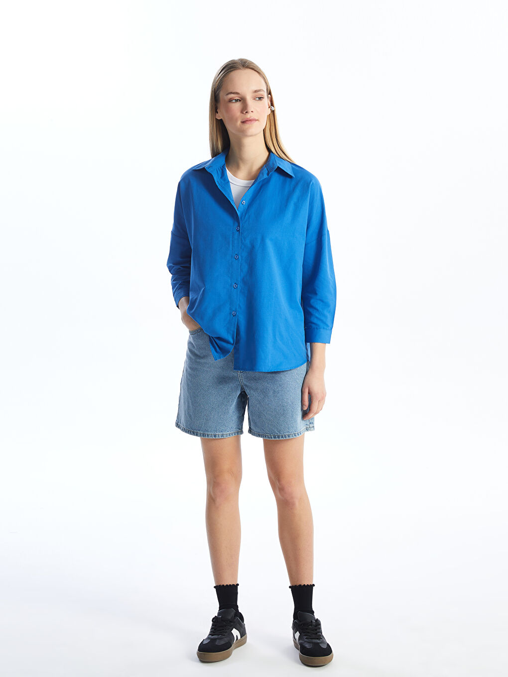 Mavi Düz Uzun Kollu Oversize Kadın Gömlek-2